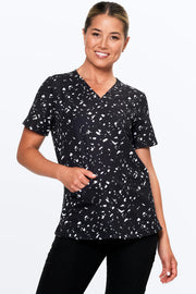 Black & White Confetti Women's 3-Pocket Scrub Top